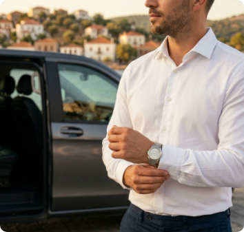 GoLocal driver beside a private vehicle, Molyvos village visible in the background, Lesvos